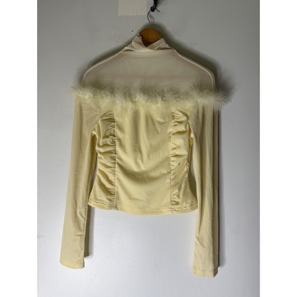 Chicwish butter yellow long sleeve velvet top feather trim boho chic indie M